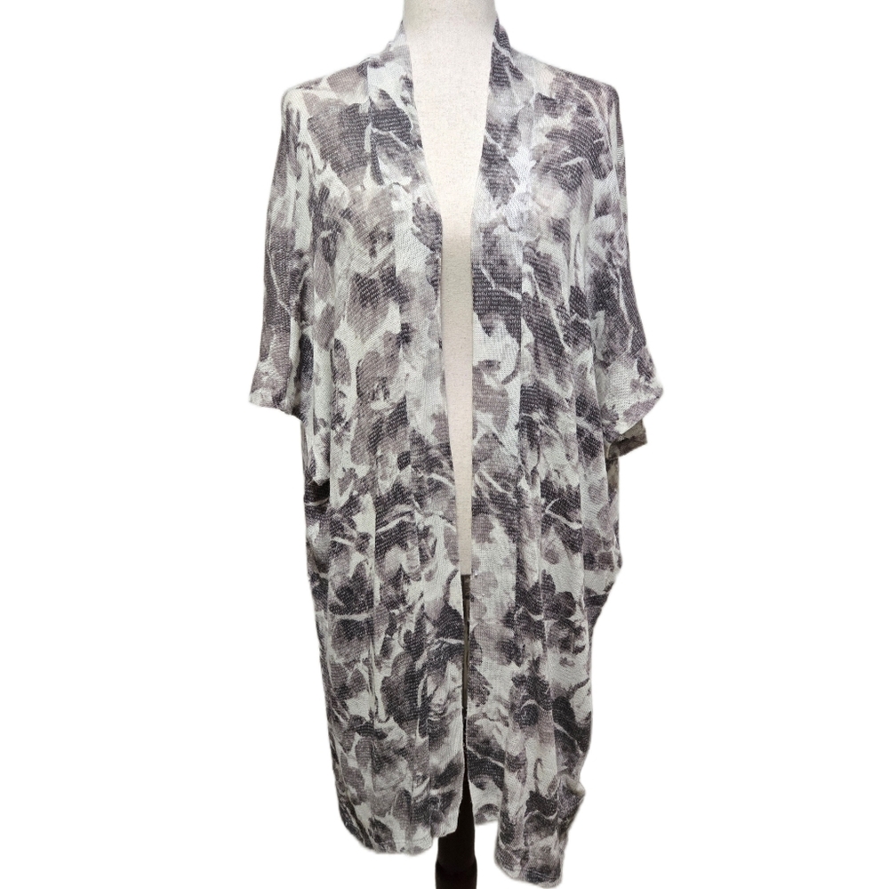 ​Lucky Brand Floral Knit Kimono Cardigan One Size Gray White Open Front Duster